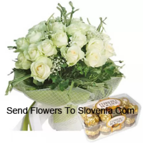 Bunch Of 19 White Roses With Seasonal Fillers Along With 16 Pcs Ferrero Rochers