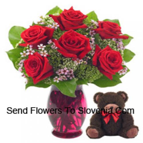 7 Red Roses with Cute 14 Inch Teddy