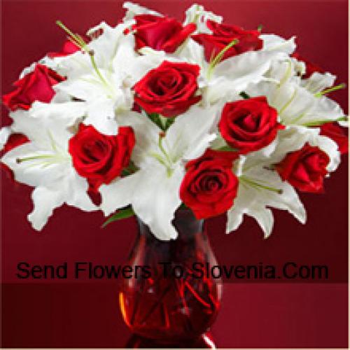 Pretty Red Roses and White lilies