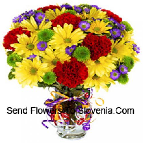 25 Red Carnations and Yellow Gerberas