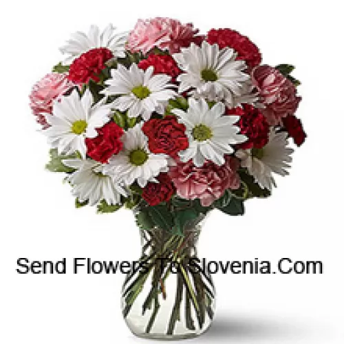 Red Carnations, Pink Carnations And White Gerberas With Seasonal Fillers In A Glass Vase -- 25 Stems And Fillers