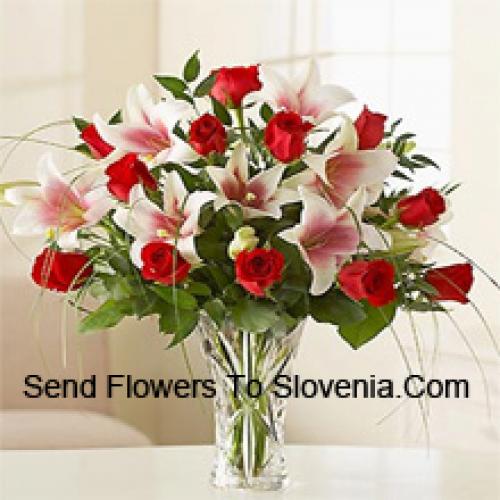 Elegant Roses and Lilies in Vase