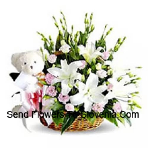 Basket Of Lilies And Carnations Accompanied With A Cute White Teddy Bear