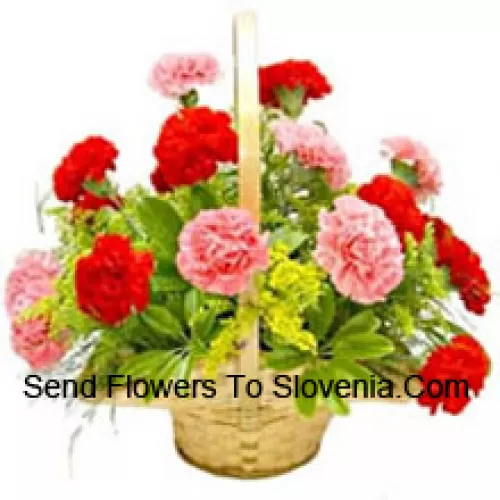 Basket Of 6 Pink And 7 Red Carnations