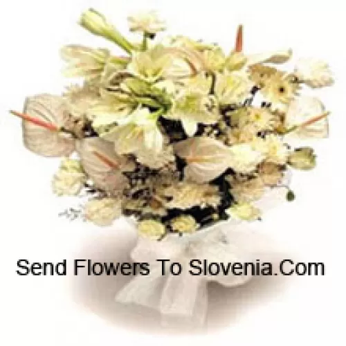 Bunch Of White Lilies, White Anthuriums, White Carnations And White Roses With Seasonal Fillers