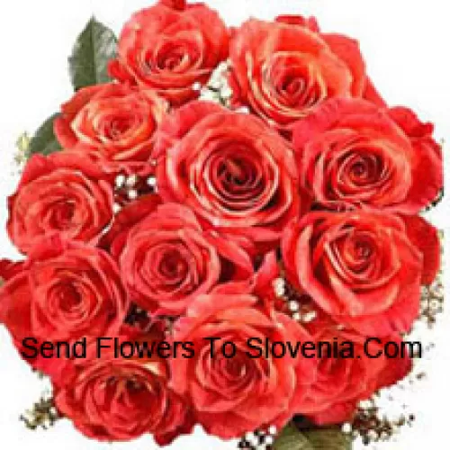 Bunch Of 11 Orange Roses With Seasonal Filler