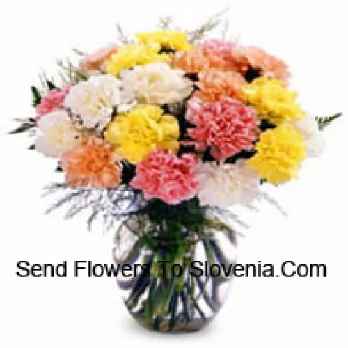 11 Mixed Colored Carnations In A Vase