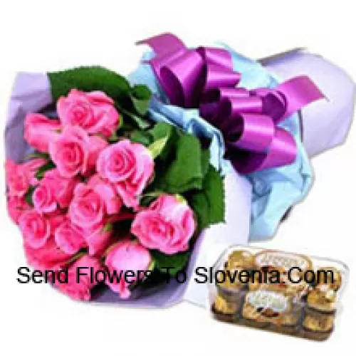 Bunch Of 11 Pink Roses With 16 Pcs Ferrero Rocher