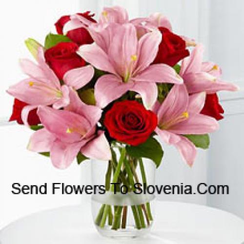 Pink Lilies and Cute Red Roses