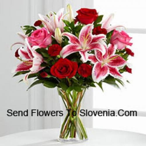 Roses with Pink Lilies in Vase