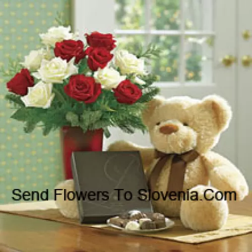 7 Red And 6 White Roses With Some Ferns In A Vase, A Cute Light Brown 10 Inches Teddy Bear And A Box Of Chocolates