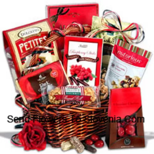 An Exclusive Valentine Gift Basket Having Dark Chocolate Bars, Chocolate Wafer Petites, English Toffee Singles, Chocolate Cherries, Cherry Vanilla Va-Voom Nut Confection, Peanut Roll, Dark Chocolate Raspberry Sticks And Almond Roca Buttercrunch Toffee Box (Please Note That We Reserve The Right To Substitute Any Product With A Suitable Product Of Equal Value In Case Of Non-Availability Of A Certain Product)