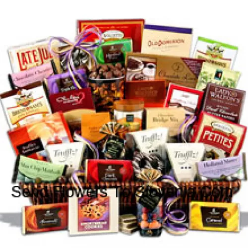 This giant chocolate gift basket is loaded with thirty of our favorite chocolate indulgences that are guaranteed to quench an army of chocolate lovers cravings! We create this masterpiece with only the finest award-winning gourmet chocolate delicacies sourced from around the globe. The result of our efforts is a?chocolate gift?basket unrivalled in the gift world! Inside they will discover the finest the confectionery world has to offer from the top brands  (Please Note That We Reserve The Right To Substitute Any Product With A Suitable Product Of Equal Value In Case Of Non-Availability Of A Certain Product)