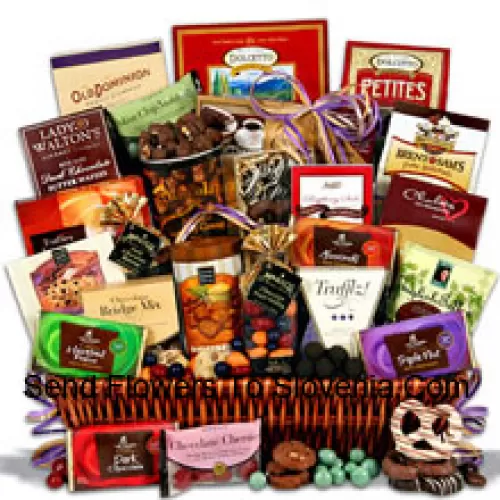 This amazing new addition to our?chocolate gift baskets?collection is overflowing with twenty-four sinfully delicious chocolate indulgences that will impress the taste buds of even the most seasoned chocoholics.?With a generous selection of gourmet treats ranging from chocolate bars to chocolate cookies and everything in between, it is easy to see why this design is a show-stopper. (Please Note That We Reserve The Right To Substitute Any Product With A Suitable Product Of Equal Value In Case Of Non-Availability Of A Certain Product)