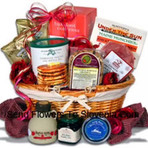 Nothing says, ?I love you? like breakfast in bed and this new addition to our outstanding line of?Valentines Day Gift Baskets?is guaranteed to impress! Get the day started on the right foot, or help savor the night before by making an easy, delicious gourmet breakfast in just a few minutes with this thoughtful and romantic?Valentines Day Gift. They'll wake up to the aroma of fluffy pancakes, fresh country ham, authentic maple syrup, blueberry jam and much more! (Please Note That We Reserve The Right To Substitute Any Product With A Suitable Product Of Equal Value In Case Of Non-Availability Of A Certain Product)