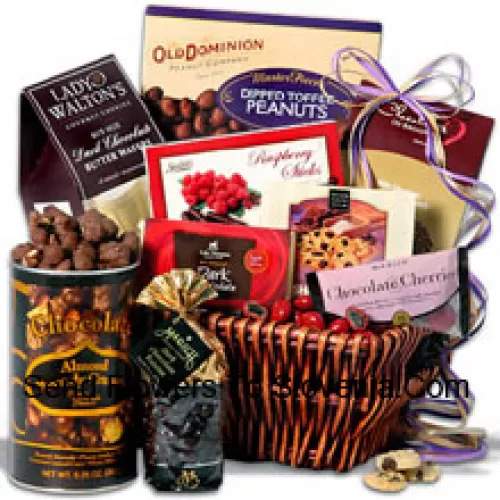 Valentine Gift Basket Having Chocolate Almond Pecan-dy Crunch, Dark Chocolate Signature Bar, Dark Rasp Sticks, Dipped Toffee Peanuts, Dark Chocolate Butter Wafers, Dark Chocolate Raisins, Chocolate Chunk Shortbread Cookies, Milk Chocolate Almond Butter Crunch And Chocolate Covered Cherries? (Please Note That We Reserve The Right To Substitute Any Product With A Suitable Product Of Equal Value In Case Of Non-Availability Of A Certain Product)