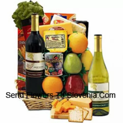 This Gift Basket includes Columbia-Crest cabernet sauvignon red wine, Columbia-Crest Chardonnay white wine, 6 pieces of orchard fresh fruit, Monterey Jack cheese, Colby Cheddar, Muenster cheeses, Barber cream crackers, Monet crispy crackers, Imported traditional Italian breadsticks, Salem Baking Co. cheese straws, Chio stickletti pretzel sticks and Deluxe mixed nuts in a gift tin. (Contents of basket including wine may vary by season and delivery location. In case of unavailability of a certain product we will substitute the same with a product of equal or higher value)