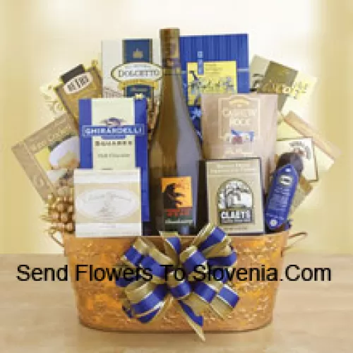 This Gift Basket features a bottle of Oaky Chardonnay  and the generous list of gourmet goodies includes: Dolcetto cookies, Ghirardelli chocolate squares, Three Pepper water crackers, Biscoff cookies, English tea cookies, Cashew Roca, chocolate chip cookies, cheese, cheese sticks, salami and chocolate fudge. (Contents of basket including wine may vary by season and delivery location. In case of unavailability of a certain product we will substitute the same with a product of equal or higher value)