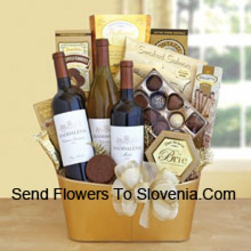 Basket Containing 3 Wines and Snacks