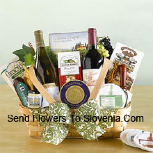 Basket Filled with 2 Wines and Goodies