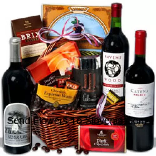 This Exclusive Gift Basket Includes Ravenswood Cabernet Sauvignon ? 750 ml, Catena Malbec Mendoza ? 750 ml, Silver Oak Alexander Valley Cabernet Sauvignon ? 750ml, Signature Dark Chocolate Bar By Lake Champlain, Dark Chocolate Espresso Beans By Marich, Chocolatier Truffles Fantaisie by Guyaux Chocolates, Mocha Chocolate California Wine Wafer by Sacramento Cookie Co, Cabernet Flavored Dark Chocolate Gel Sticks by Sweet Candy Co and Brix Bites by Brix. (Contents of basket including wine may vary by season and delivery location. In case of unavailability of a certain product we will substitute the same with a product of equal or higher value)