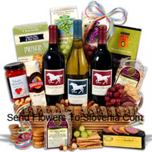 This Gift Basket Includes Wild Horse - Cabernet Sauvignon?- 750ml, Wild Horse - Chardonnay?- 750ml, Wild Horse - Merlot?- 750ml, Hors Doeuvre Deli Style Crackers by Partners, Hickory & Maple Smoked Cheese by Sugarbush Farm, Butcher Wrapped Summer Sausage by Sparrer Sausage Co, Tomato Bruschetta by Elki, Red Wine Biscuit by American Vintage, White Wine Biscuit by American Vintage, Nicoise Olives by Barnier, Cashews and Boulder's Mixed Nuts. (Contents of basket including wine may vary by season and delivery location. In case of unavailability of a certain product we will substitute the same with a product of equal or higher value)