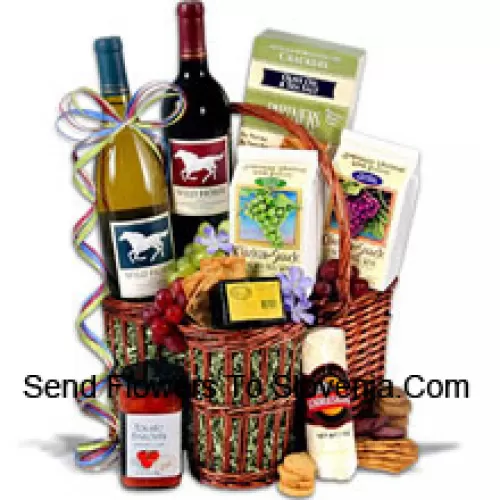 This Gift Basket Includes Wild Horse - Cabernet Sauvignon?- 750ml, Wild Horse - Chardonnay?- 750ml, Hors Doeuvre Deli Style Crackers by Partners, Hickory & Maple Smoked Cheese by Sugarbush Farm, Butcher Wrapped Summer Sausage by Sparrer Sausage Co, Tomato Bruschetta by Elki, Red Wine Biscuit by American Vintage and White Wine Biscuit by American Vintage.  (Contents of basket including wine may vary by season and delivery location. In case of unavailability of a certain product we will substitute the same with a product of equal or higher value)