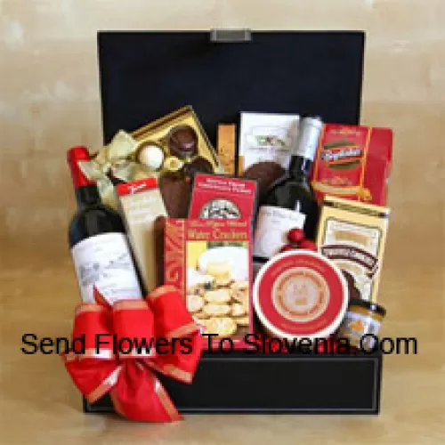 This Gift Basket includes two bottles of red wine, Gourmet crackers, Indulgent fudge, Savory almonds, Sweet truffle cookies, Merlot cheese, Napa Valley mustard, 6-piece gift box of gourmet truffles And Tasty cheese swirls. (Contents of basket including wine may vary by season and delivery location. In case of unavailability of a certain product we will substitute the same with a product of equal or higher value)