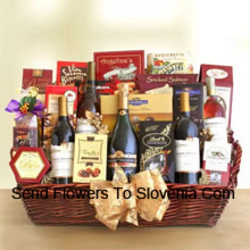 This Gift Basket contains four outstanding bottles of fine California wine ? a chardonnay, a cabernet sauvignon, a sauvignon blanc and a merlot. This gift basket also includes a California sparkling wine. Other products included in this basket are peanut brittle, assorted Ghirardelli chocolates, Lindt truffles, chocolate toffee almonds, brie cheese, gourmet popcorn, bruschetta crisps, sweet butter cookies, Walker's shortbread cookies, biscotti, cranberry pecan cookies, savory snack mix, Jaquot chocolate truffles and smoked salmon. (Contents of basket including wine may vary by season and delivery location. In case of unavailability of a certain product we will substitute the same with a product of equal or higher value)