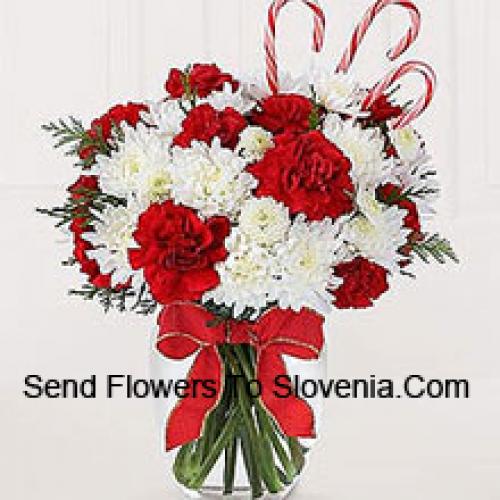 Red Carnations and White Chrysanthemums with Perfect Touch