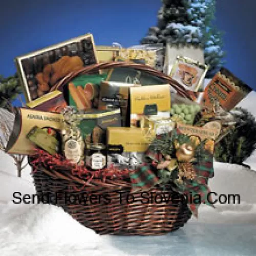 Make a grand holiday statement with this bonanza of good taste. The basket is practically overflowing with edible delights to enjoy. The large features Milk Chocolate Cappuccino Bar, Toasted Wheat Crackers, Brent & Sams All Natural Chocolate Chip Cookies, Munster Cheese Spread, White Cheddar Popcorn, Honey Mustard Pretzel Nuggets, Wasabi Peanut Crunch, Alaska Smoked Salmon, Chocolate Creme Puffs, Cranberry Supreme Fruit and Nut Mix, Sweet Polenta Jalapeno Cheese Straws, Pacific Roast Premium Coffee, Gourmet Burgundy Wine Jelly, Imported Italian Hazelnut Wafer Cookie, English Almond Toffee, Ghirardelli Milk Chocolate Caramel Squares, 5 Peach Apricot Teabags, Cherrydale Milk Chocolate Colonial Crisps, Cinnamon Pecan Biscotti, Golden Walnut Caramel Filled Shortbread Cookies, Imported Grissini Style Sesame Breadsticks, Natural Pistachio Nuts, Praline Shortbread Cookies, and Old Fashioned Ribbon Candy. (Please Note That We Reserve The Right To Substitute Any Product With A Suitable Product Of Equal Value In Case Of Non-Availability Of A Certain Product)