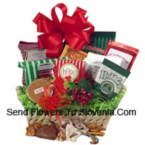 Celebrate holiday traditions with a gift that boasts good taste! The festive natural basket is packed full of delicious time-honored treats. We've included peanuts, fudge, pretzels, cheddar biscuits, cookies, snack mix, peanut brittle, sprinkled pretzels, Christmas popcorn and chocolate filled peppermints. We've also included a keepsake tree ornament to top off this heartfelt holiday gift. (Please Note That We Reserve The Right To Substitute Any Product With A Suitable Product Of Equal Value In Case Of Non-Availability Of A Certain Product)